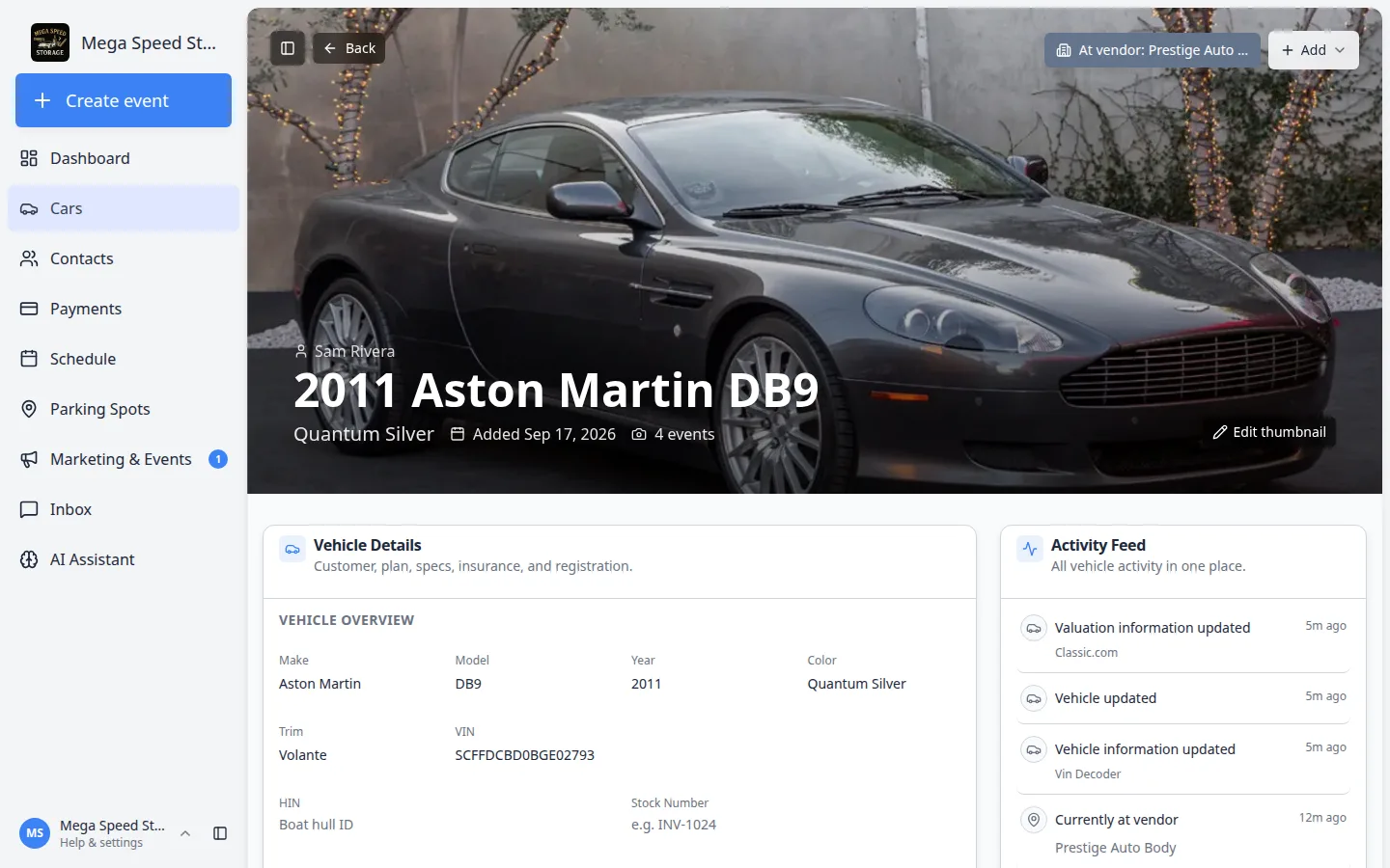 Aston Martin DB9 car page with At vendor Prestige Auto Body in the top-right of the photo banner