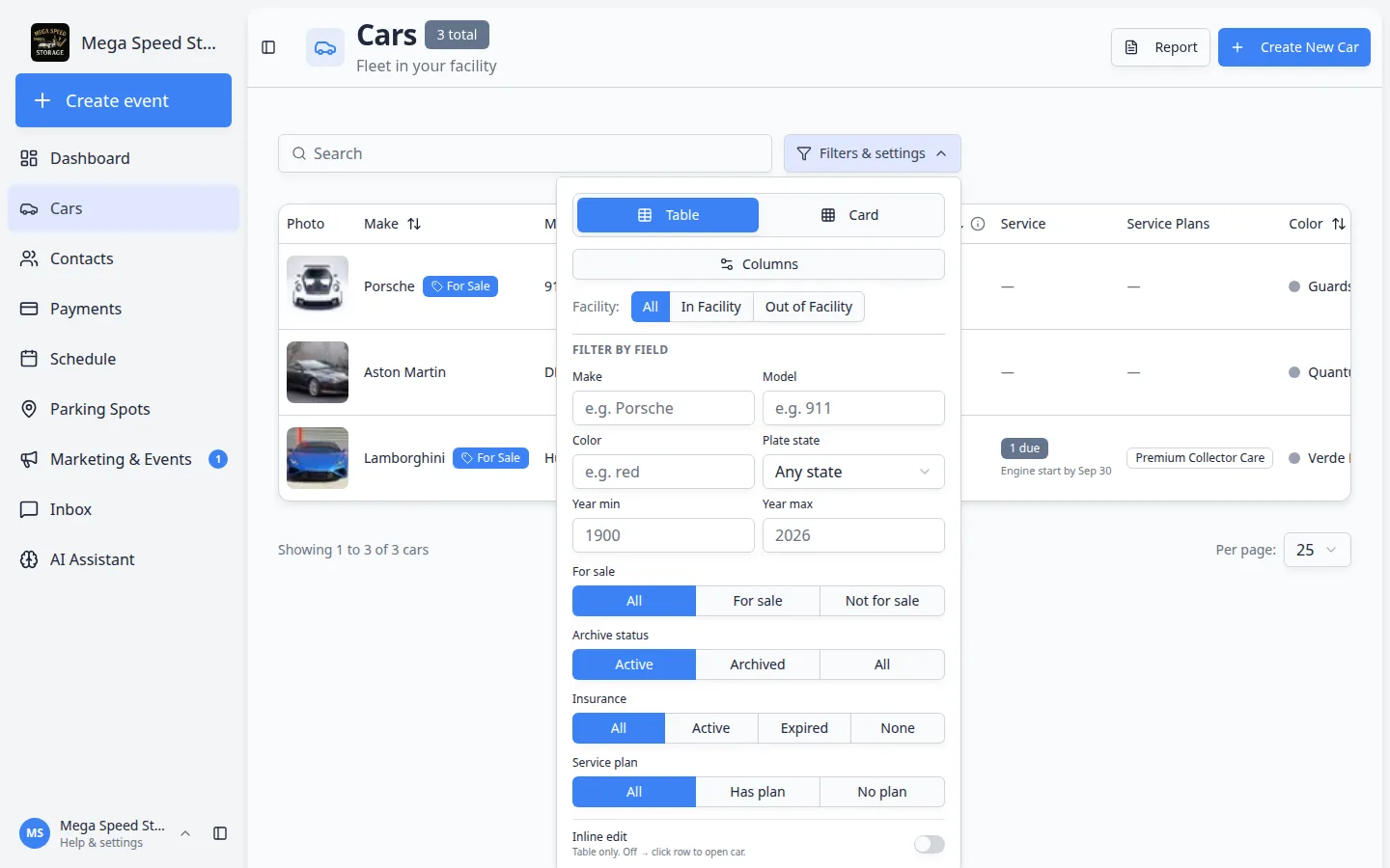 Filters and settings panel on the Cars page showing For sale, Insurance, Service plan, and other filters