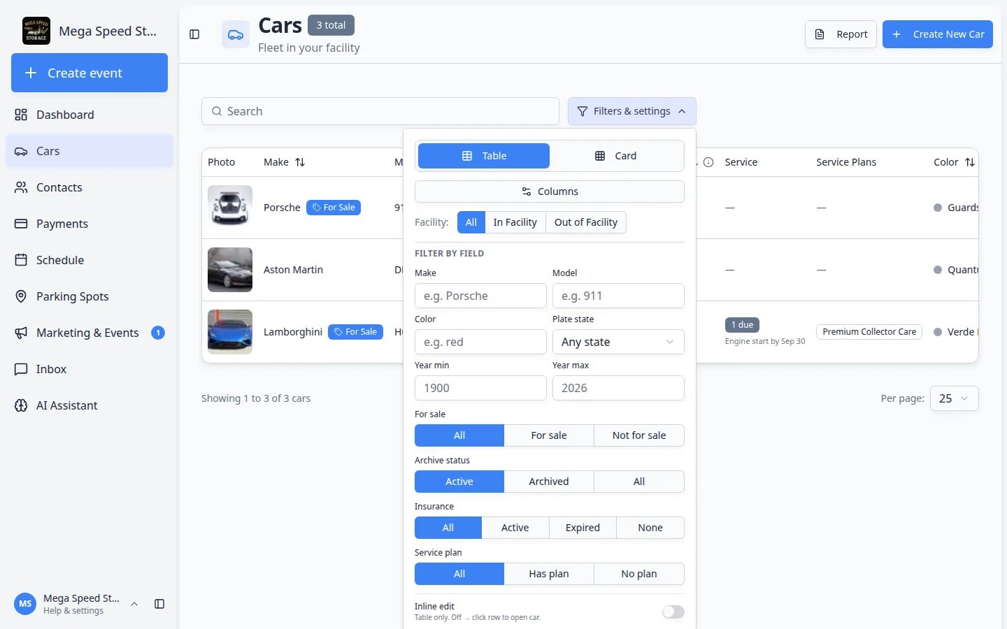 Filters and settings panel on the Cars page showing For sale, Insurance, Service plan, and other filters