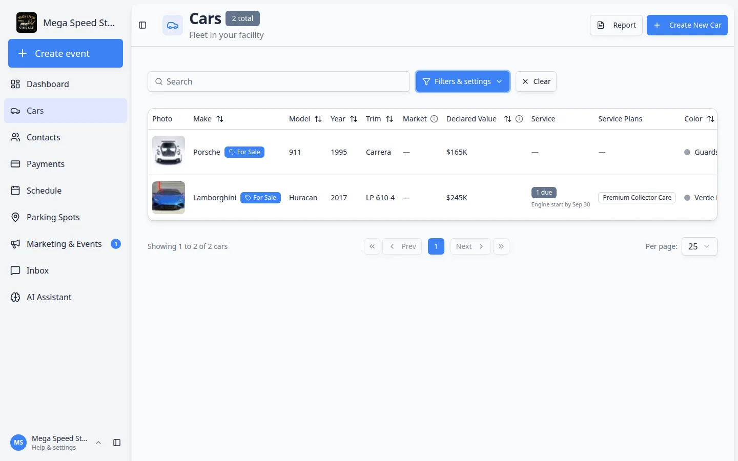 Cars list filtered to For sale showing a Porsche 911 and Lamborghini Huracan with For Sale badges