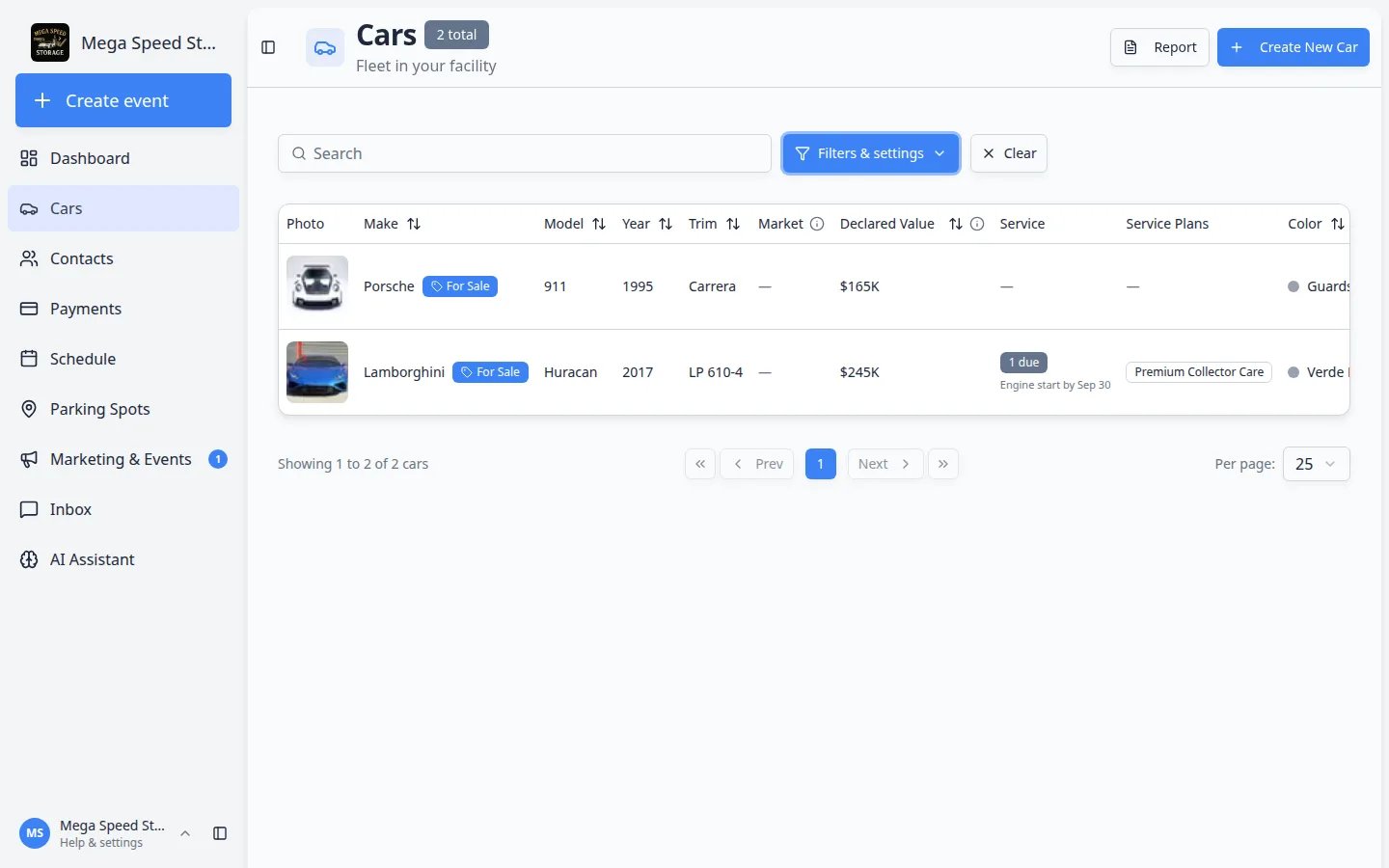Cars list filtered to For sale showing a Porsche 911 and Lamborghini Huracan with For Sale badges