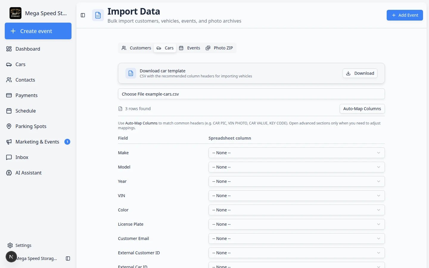 Car import mapping screen showing database fields on the left matched to spreadsheet columns on the right