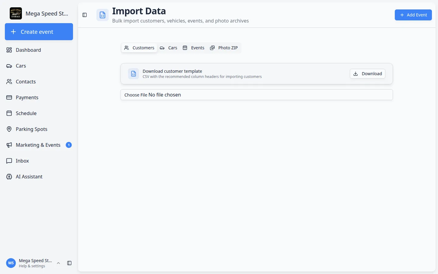 Import Data page showing tabs for Customers, Cars, Events, and Photo ZIP