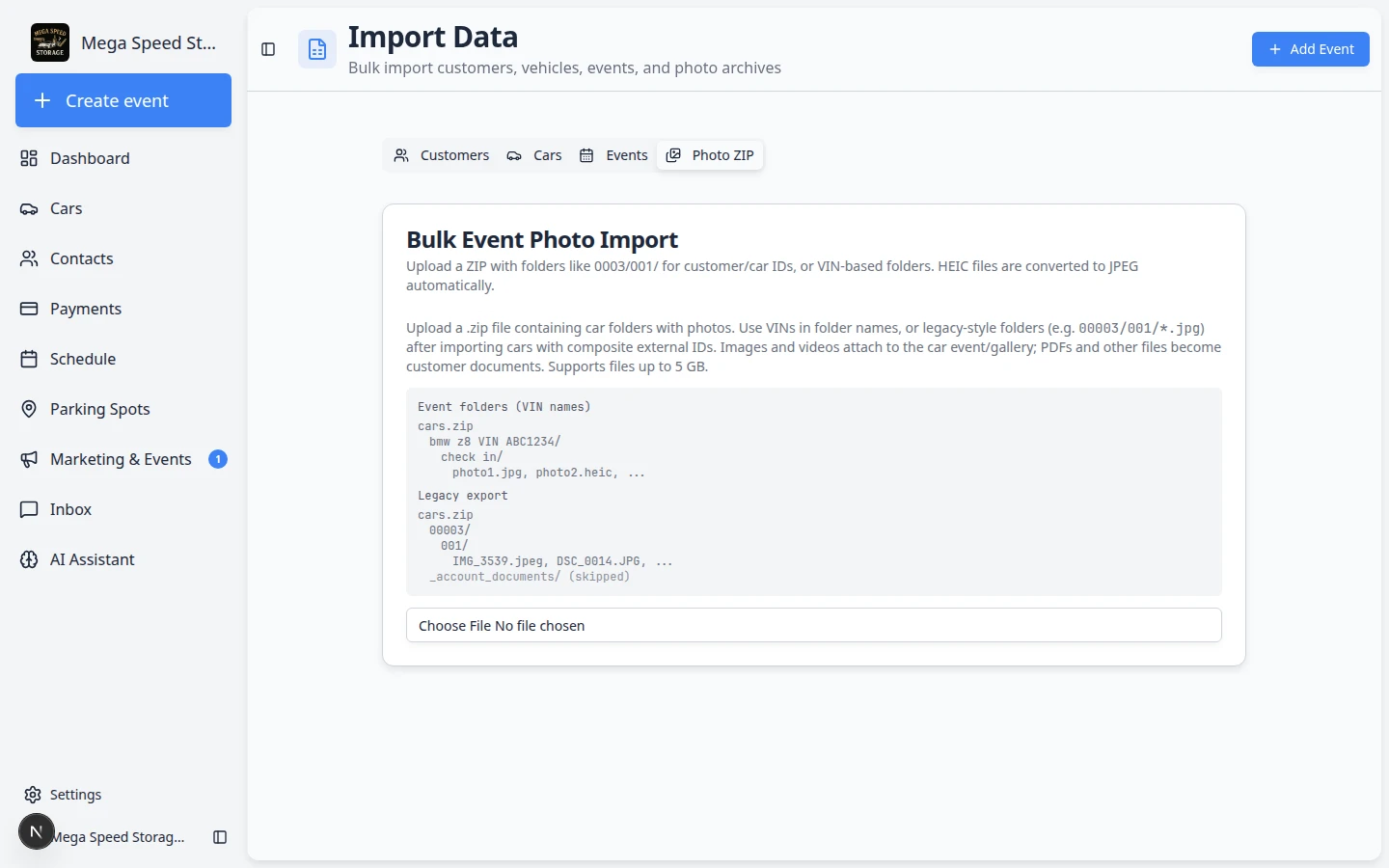 Photo ZIP tab on Import Data showing bulk event photo import instructions and upload area