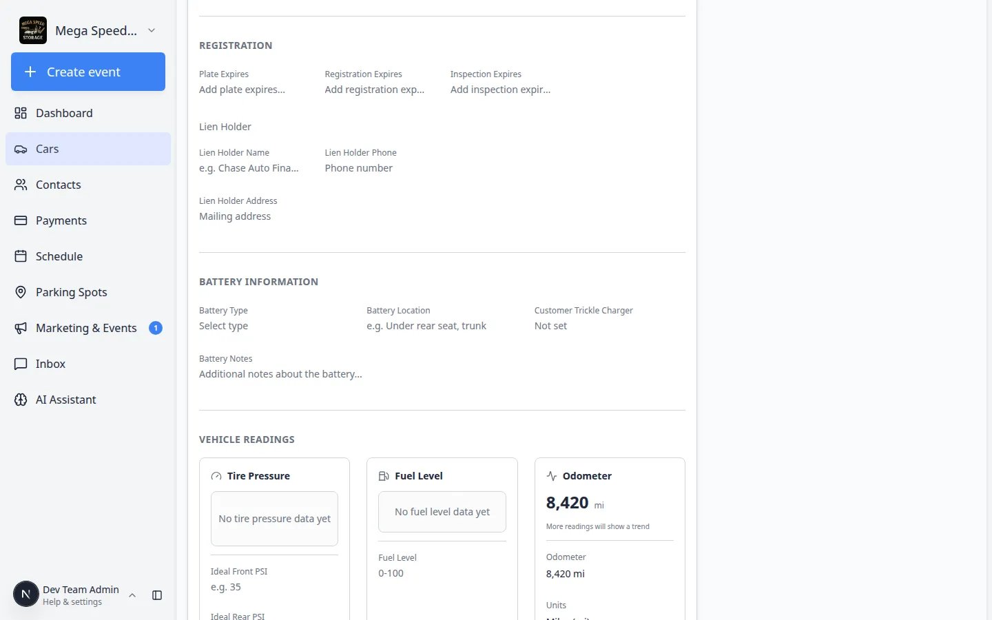 Insurance section showing Declared Value field near the Market Data chart on the same car record