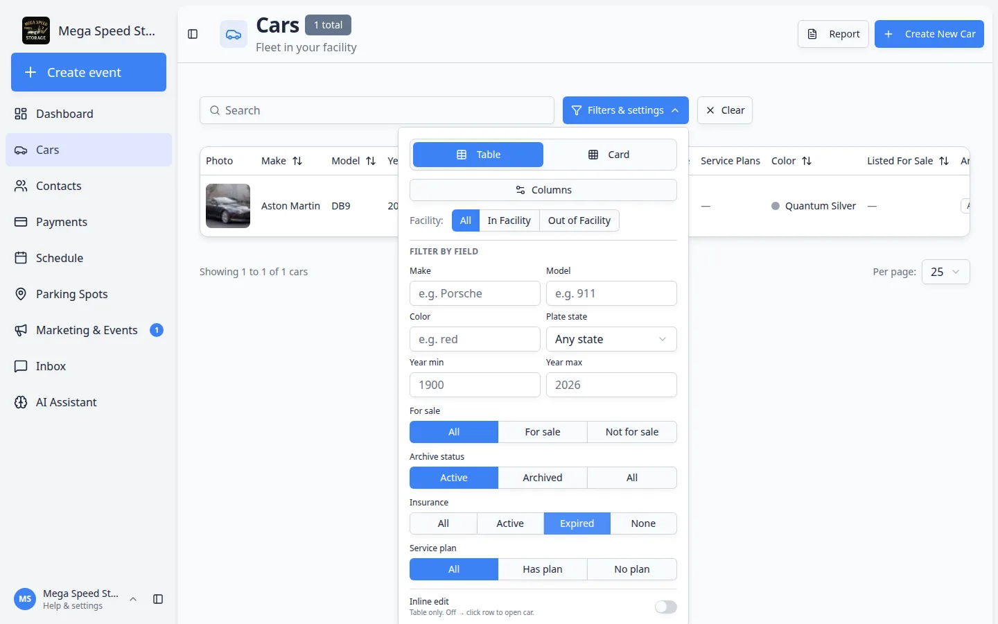 Filters and settings panel on the Cars page with Insurance set to Expired and the Aston Martin DB9 remaining in the list
