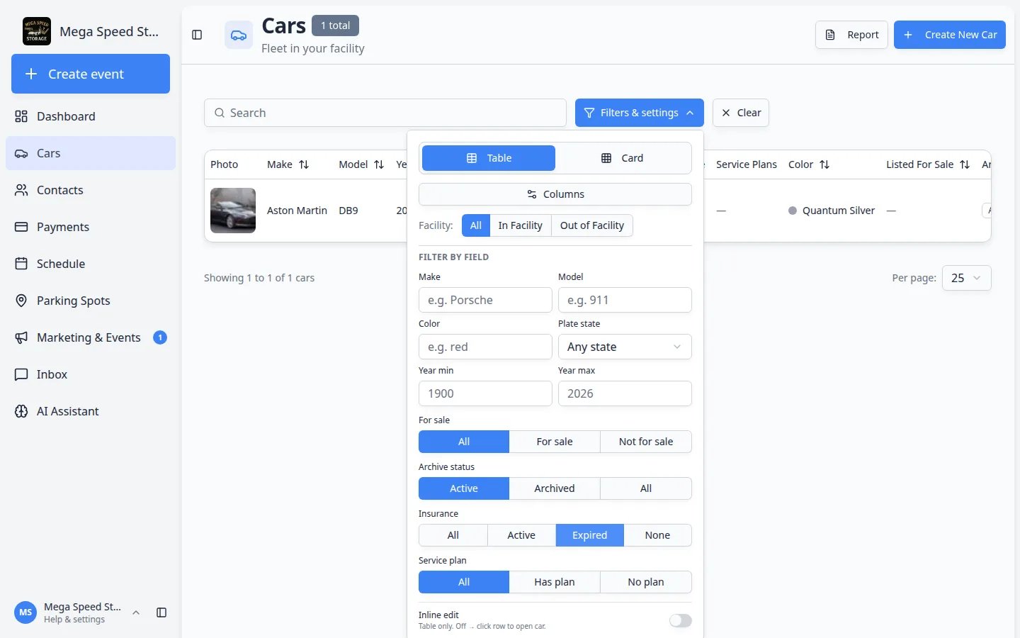 Filters and settings panel on the Cars page with Insurance set to Expired and the Aston Martin DB9 remaining in the list