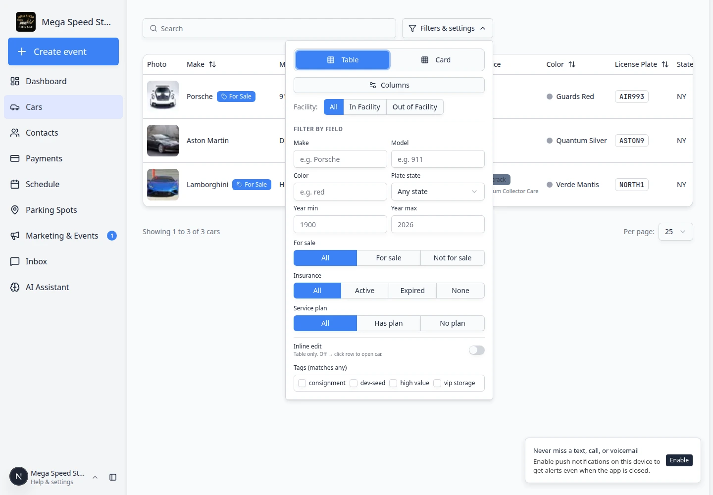 Filters and Settings panel on the Cars page with Insurance status filter options visible