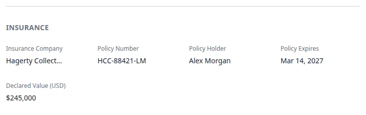 Insurance section on a car record with company, policy number, holder, expiration, and declared value