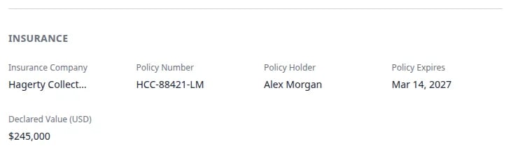 Insurance section on a car record with company, policy number, holder, expiration, and declared value