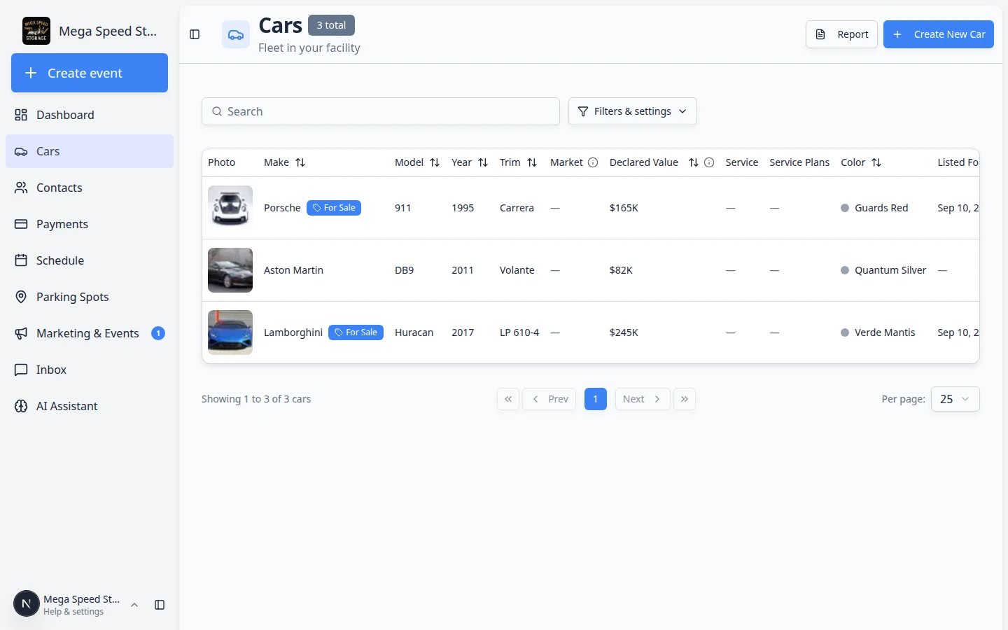 Cars page header showing the Report button next to Create New Car