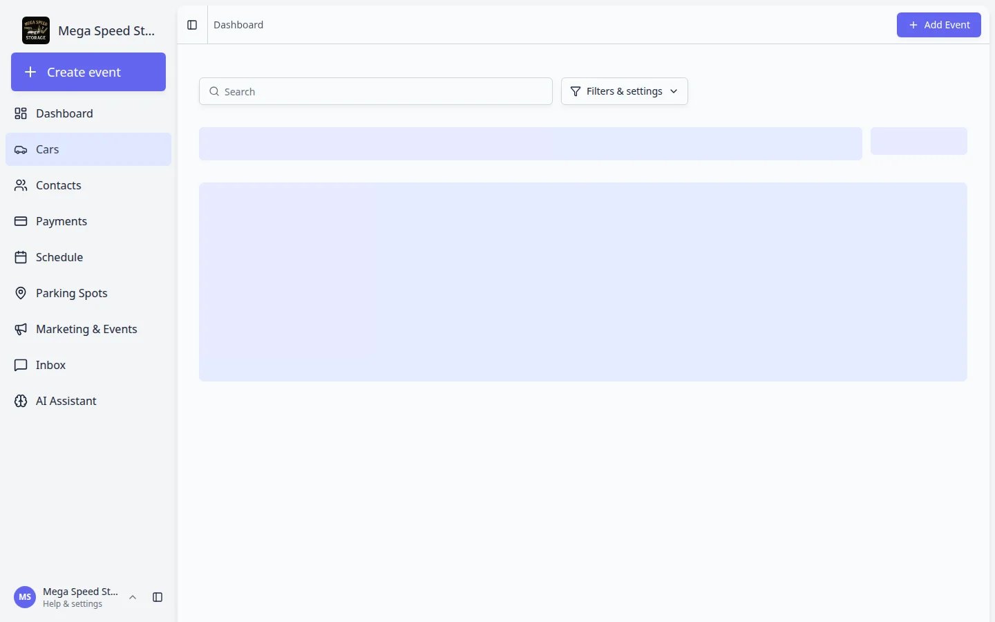 Cars section in the dashboard sidebar showing the vehicle list with columns for make, model, year, and more