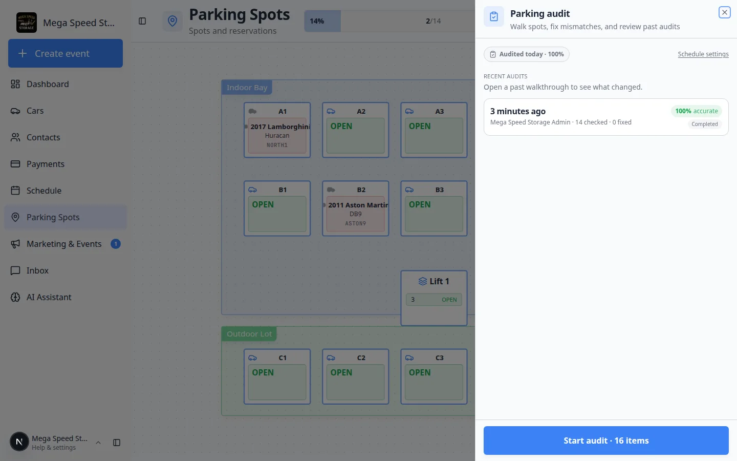 Parking audit start panel after a completed walk showing Recent audits with an accuracy percent