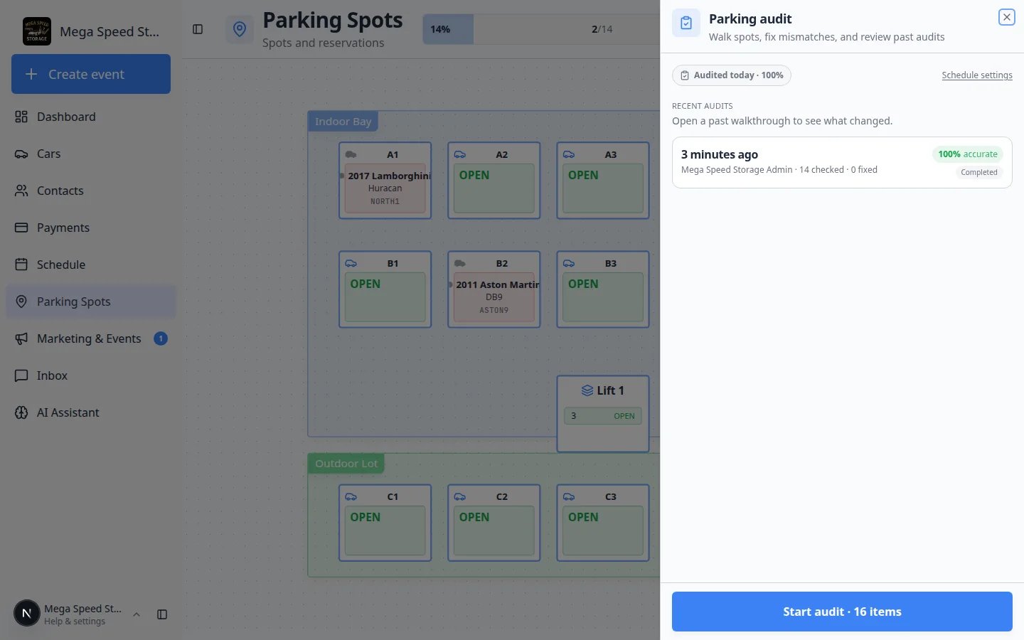 Parking audit start panel after a completed walk showing Recent audits with an accuracy percent