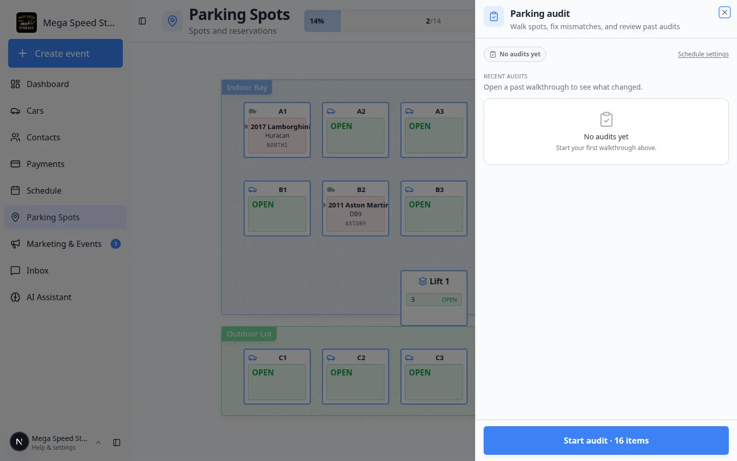 Parking audit start panel showing No audits yet, a Never audited badge, Schedule settings link, and Start audit button