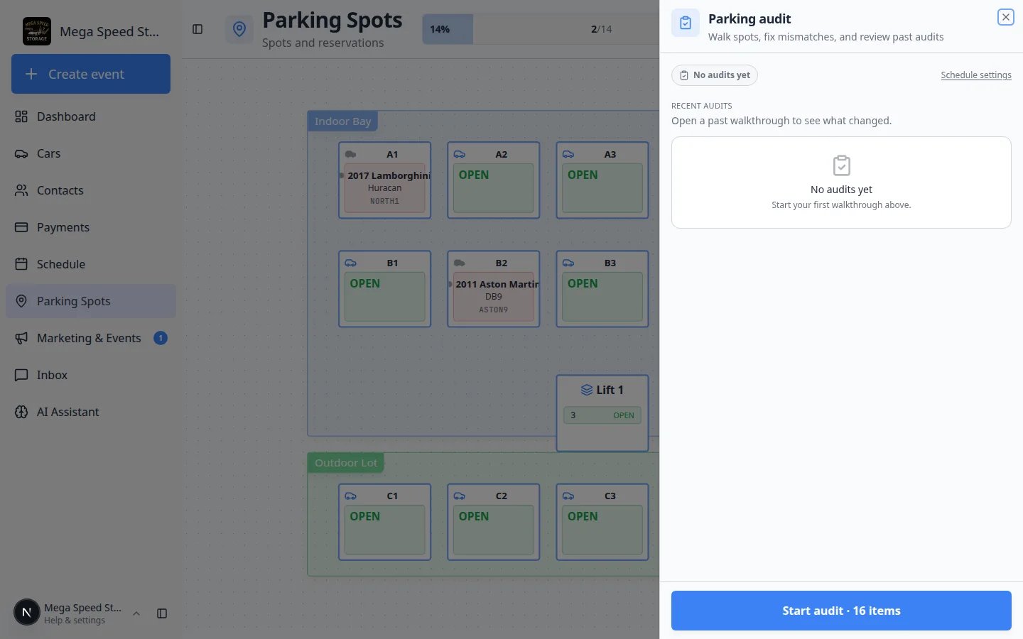 Parking audit start panel showing No audits yet, a Never audited badge, Schedule settings link, and Start audit button