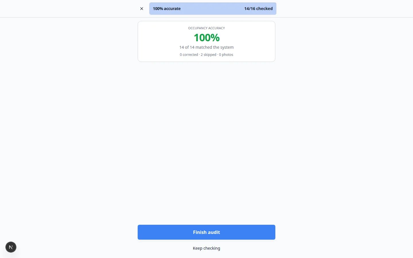 Parking audit summary showing occupancy accuracy percent, matched count, and Finish audit button
