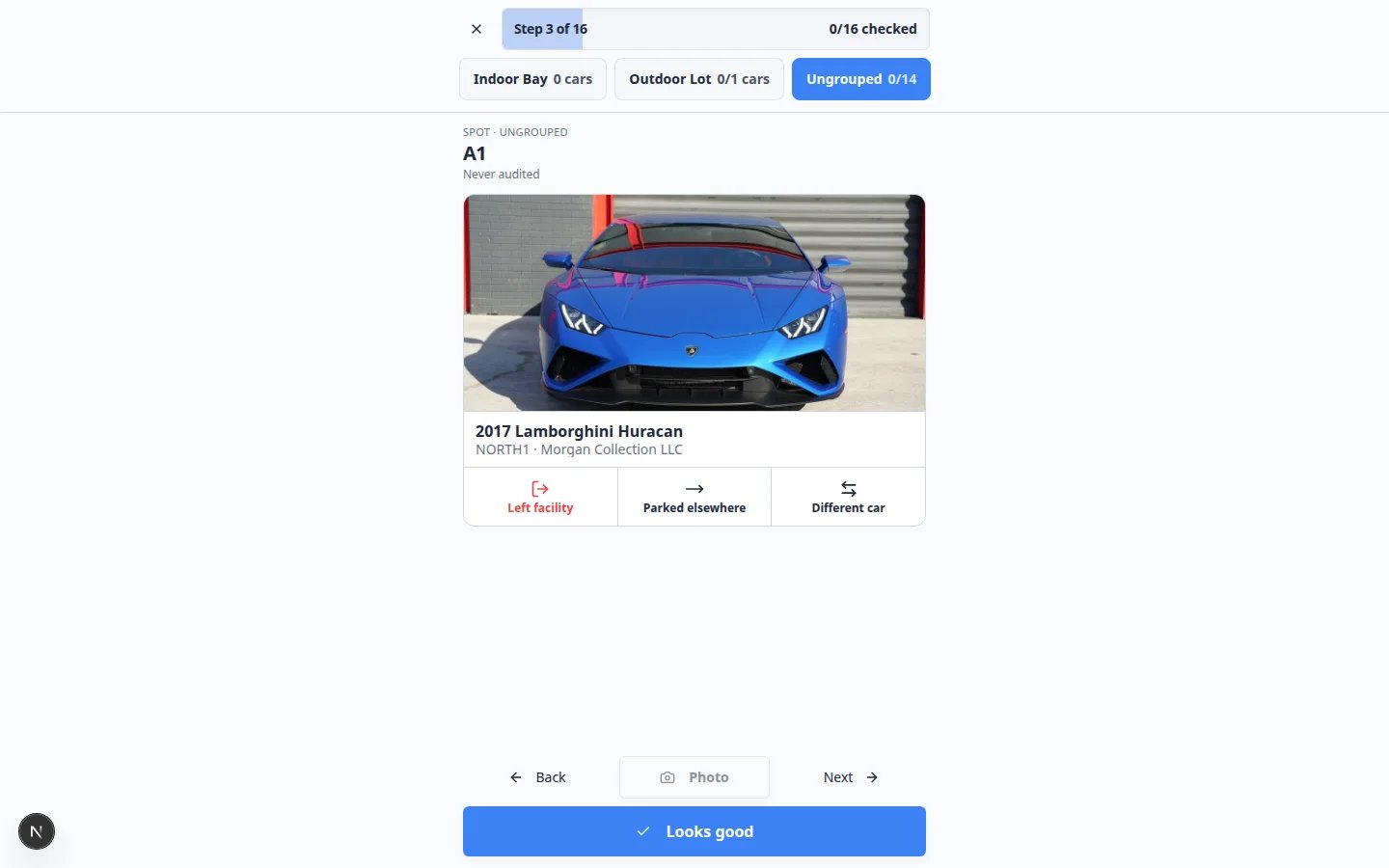 Parking audit walkthrough showing spot A1 with a vehicle photo, owner details, and Looks good button