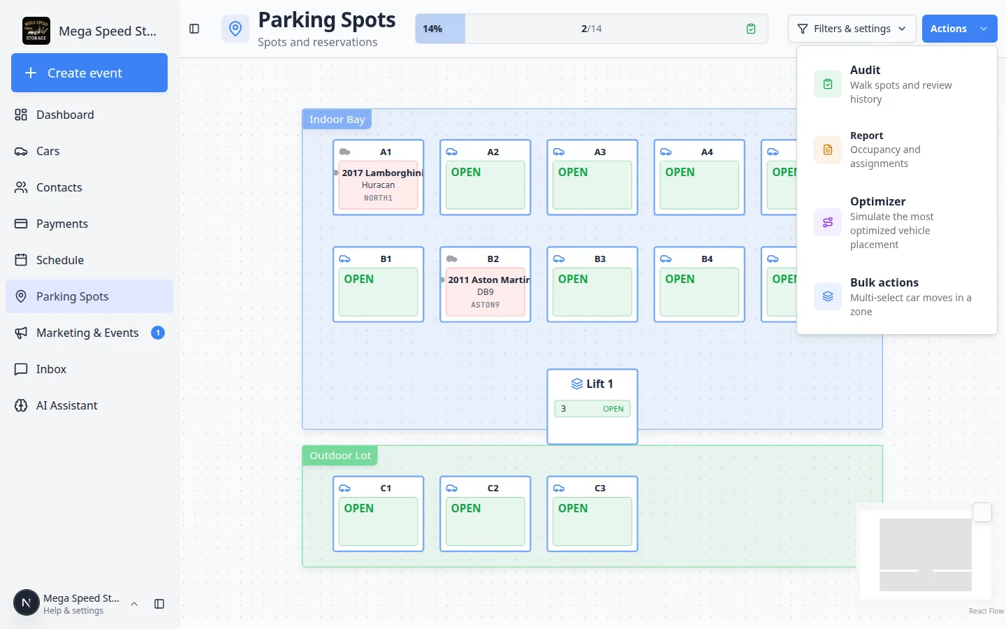 Parking Spots page with the Actions menu open showing Audit, Report, Optimizer, and Bulk actions
