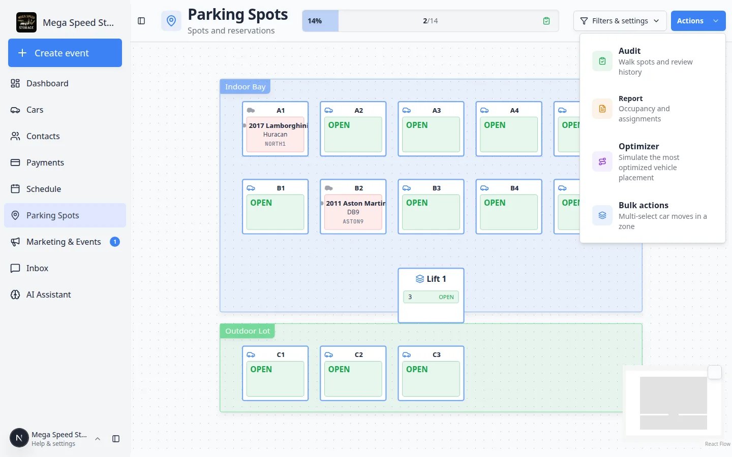 Parking Spots page with the Actions menu open showing Audit, Report, Optimizer, and Bulk actions