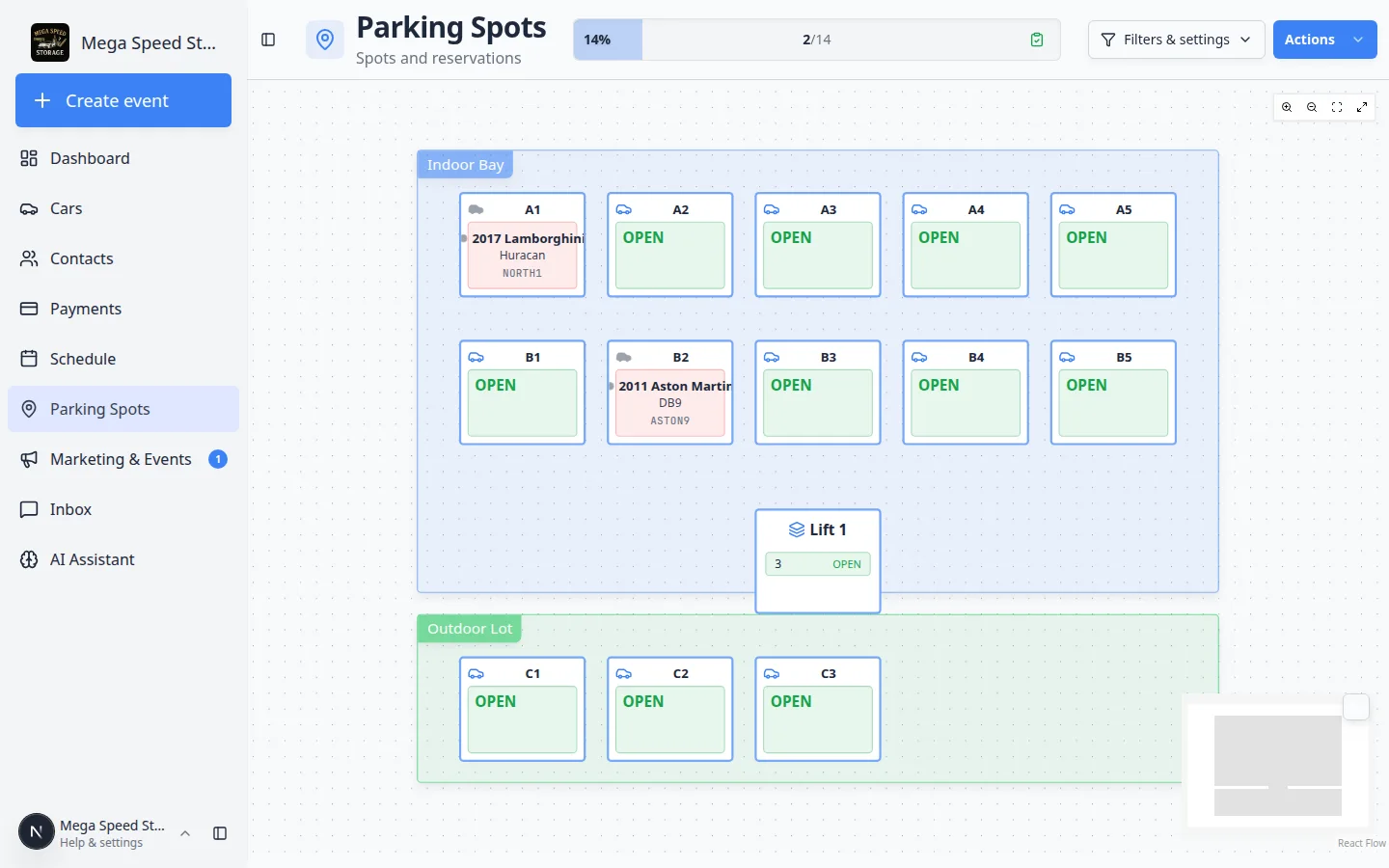 Parking Spots page showing search, occupancy summary, Filters and settings, and the Actions button