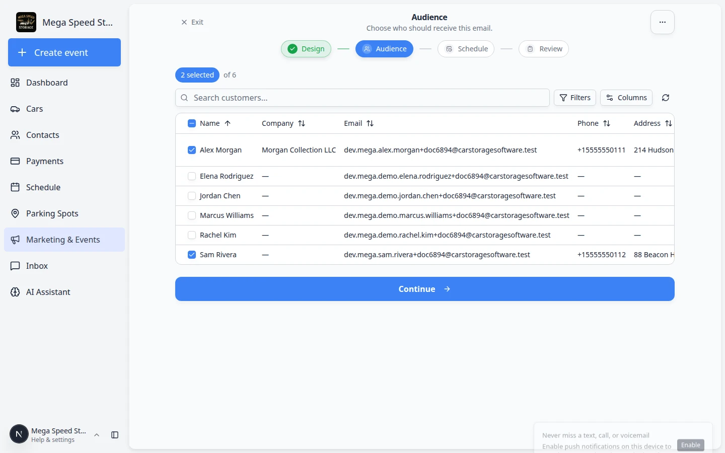 Campaign setup wizard on the Design step showing step pills and email preview