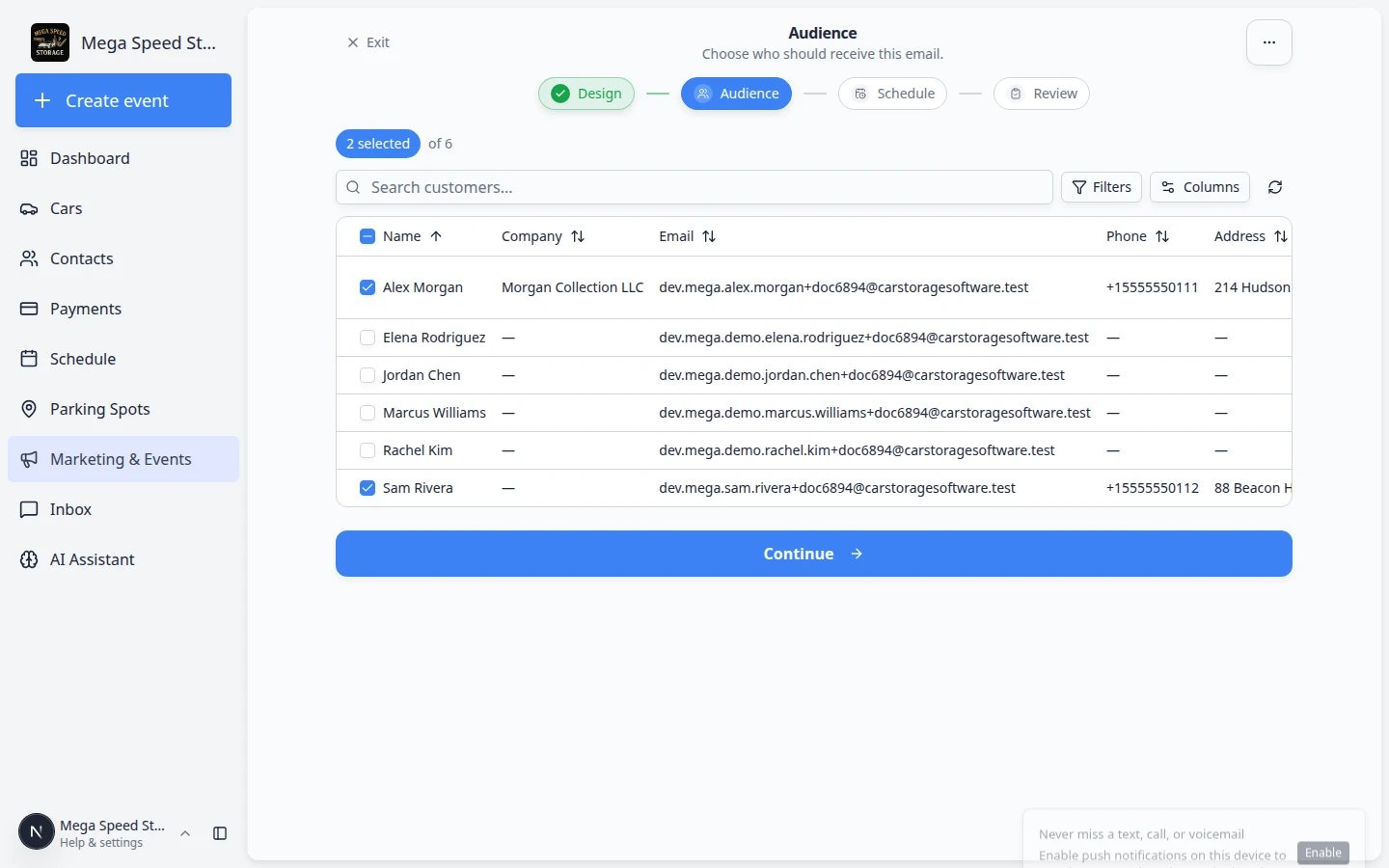 Campaign setup wizard on the Design step showing step pills and email preview
