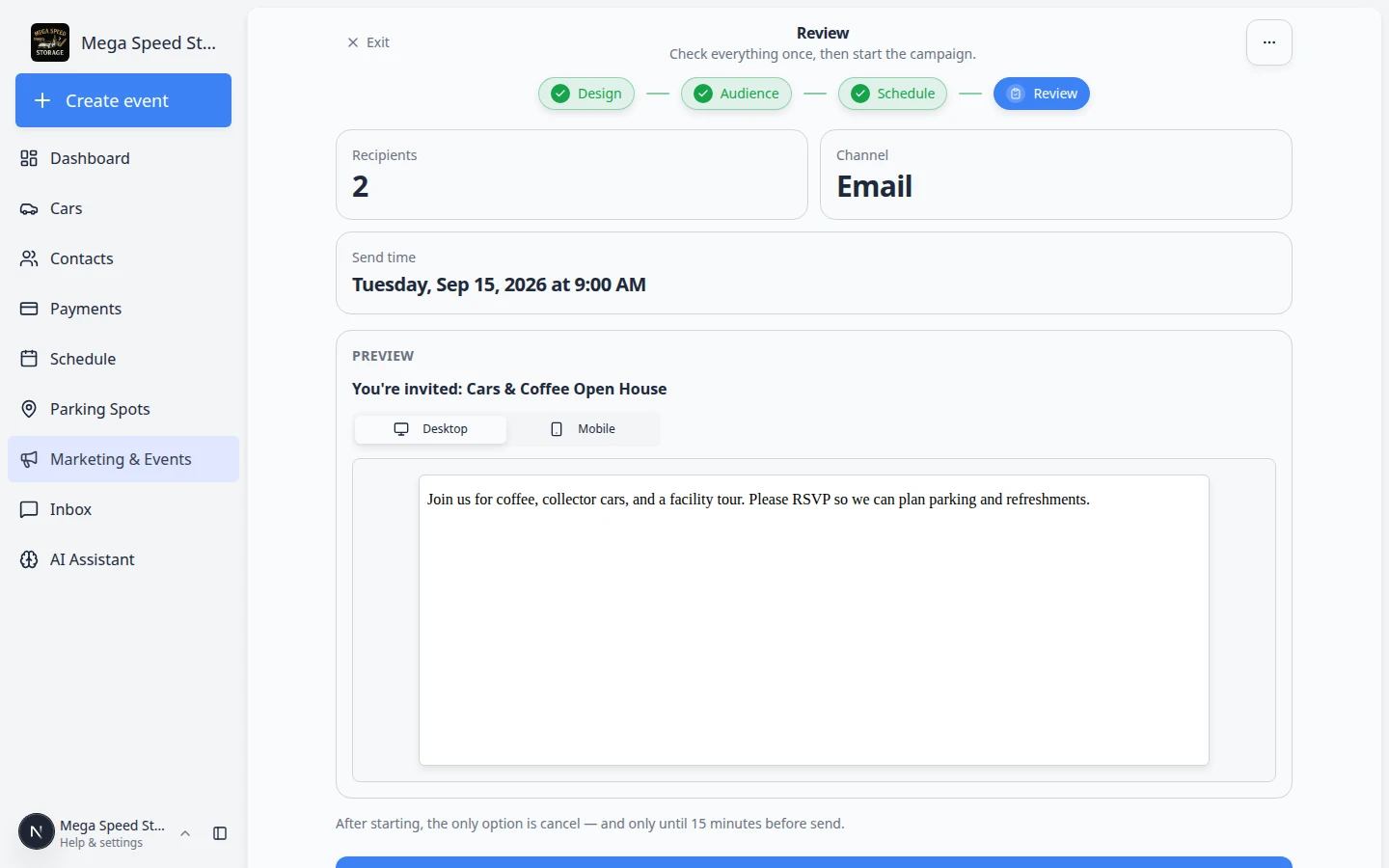Campaign setup wizard Review step showing recipient summary, send time, message preview, and Start campaign button