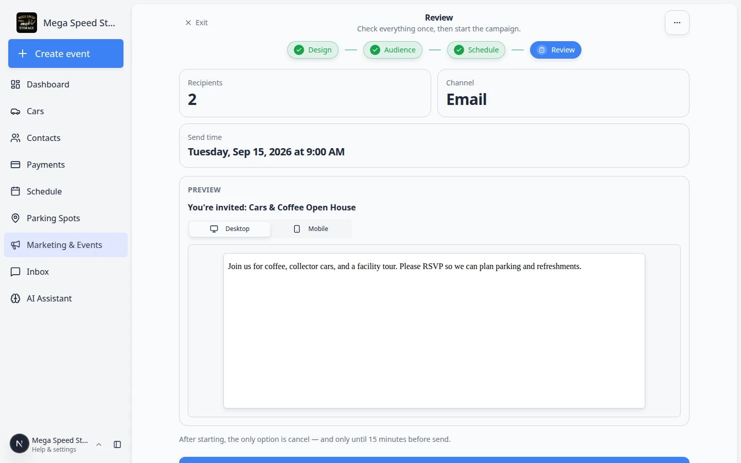 Campaign setup wizard Review step showing recipient summary, send time, message preview, and Start campaign button