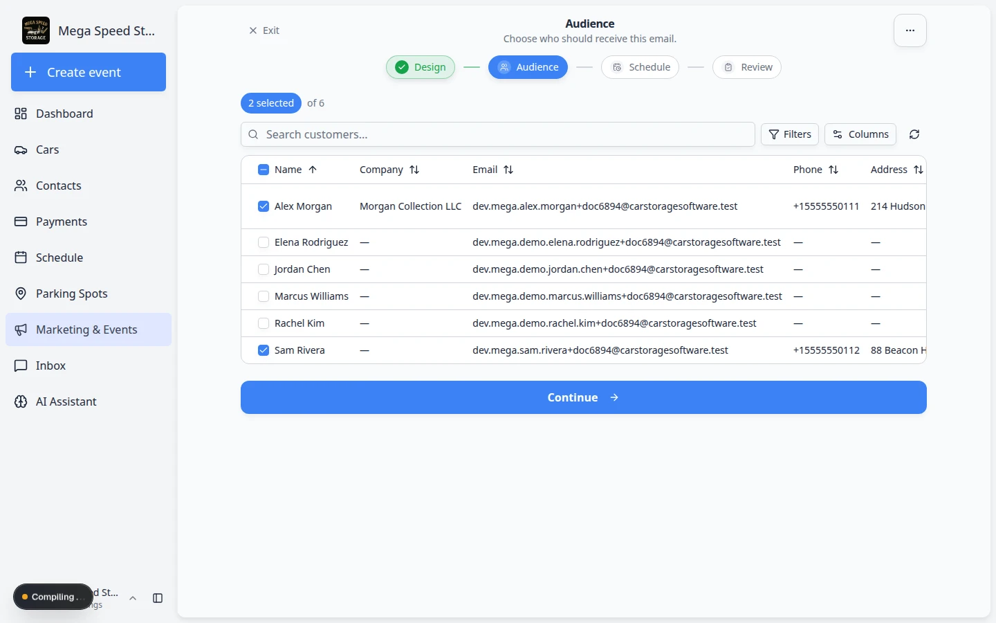 Campaign setup wizard Schedule step showing send date and time fields