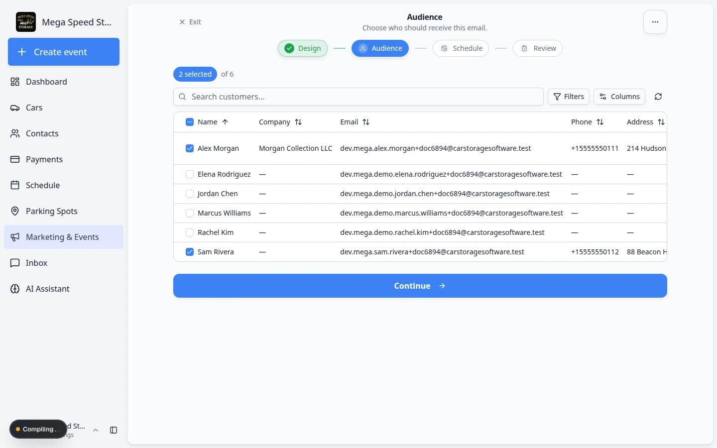 Campaign setup wizard Schedule step showing send date and time fields