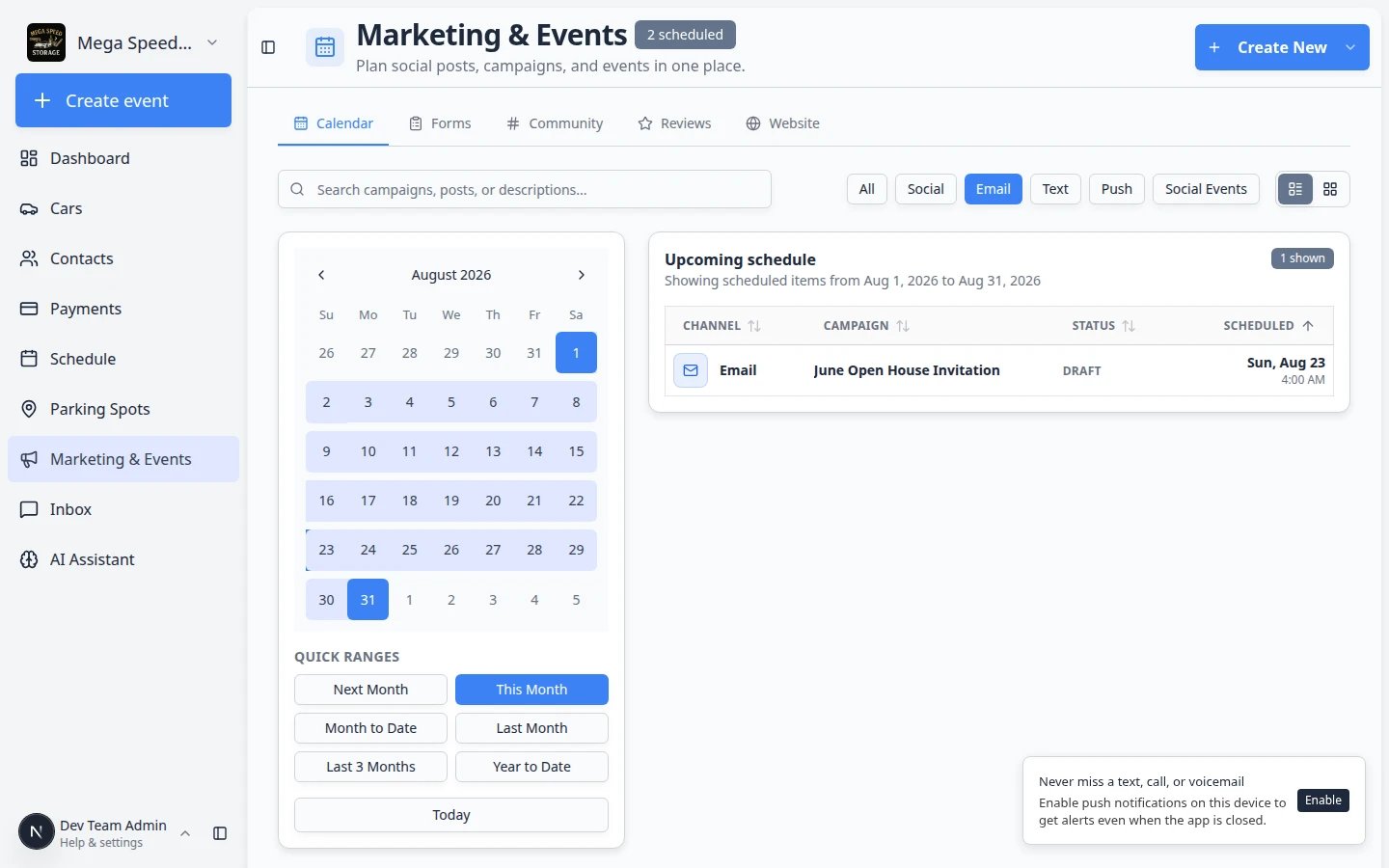 Create New Campaign dialog showing Channel, Name, optional Schedule, and Create Campaign button