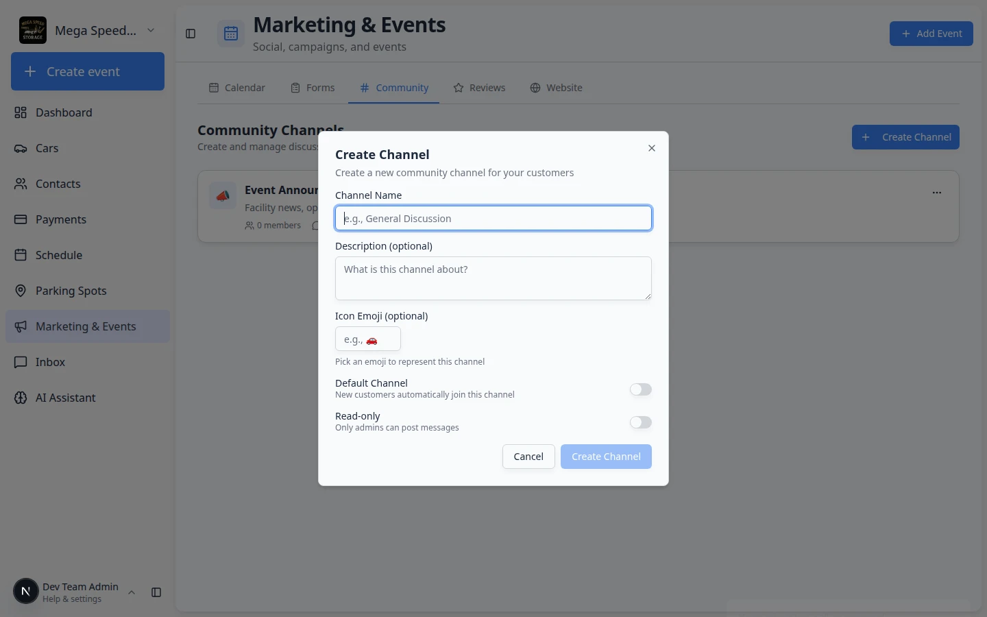 Create Channel dialog showing Channel Name, Description, Icon Emoji, Default Channel, and Read-only settings