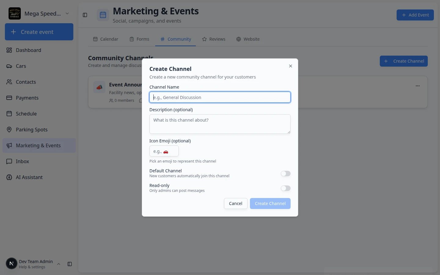 Create Channel dialog showing Channel Name, Description, Icon Emoji, Default Channel, and Read-only settings