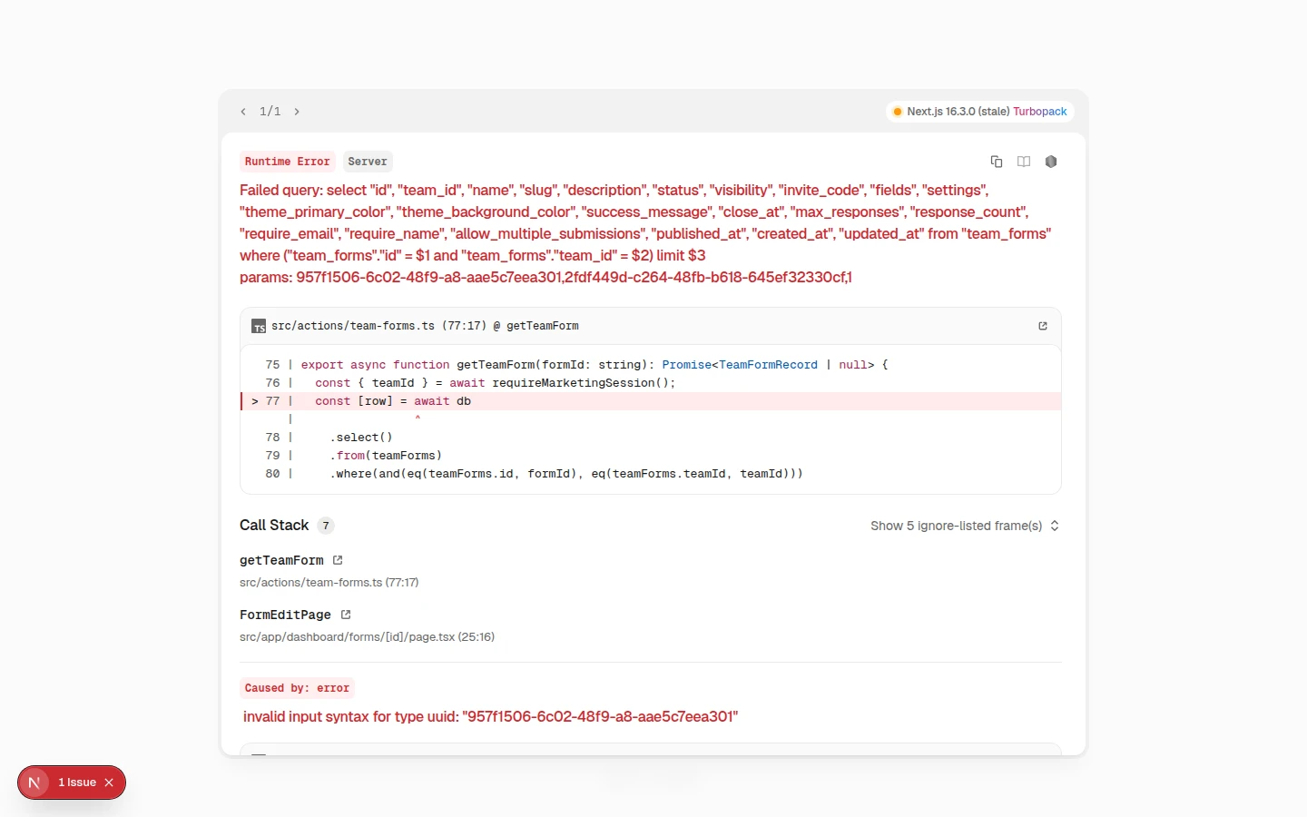 Form editor Questions tab showing multiple question cards with Published toggle on