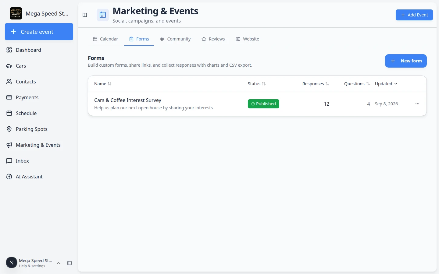 Forms tab showing a list of custom forms with Published status badges and response counts
