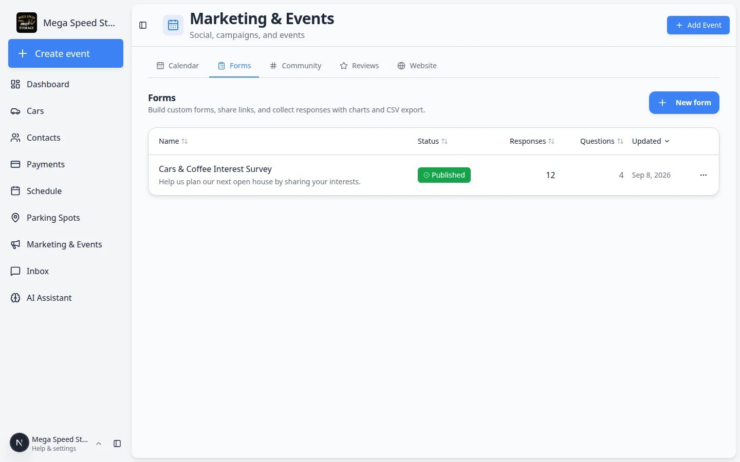 Forms tab showing a list of custom forms with Published status badges and response counts