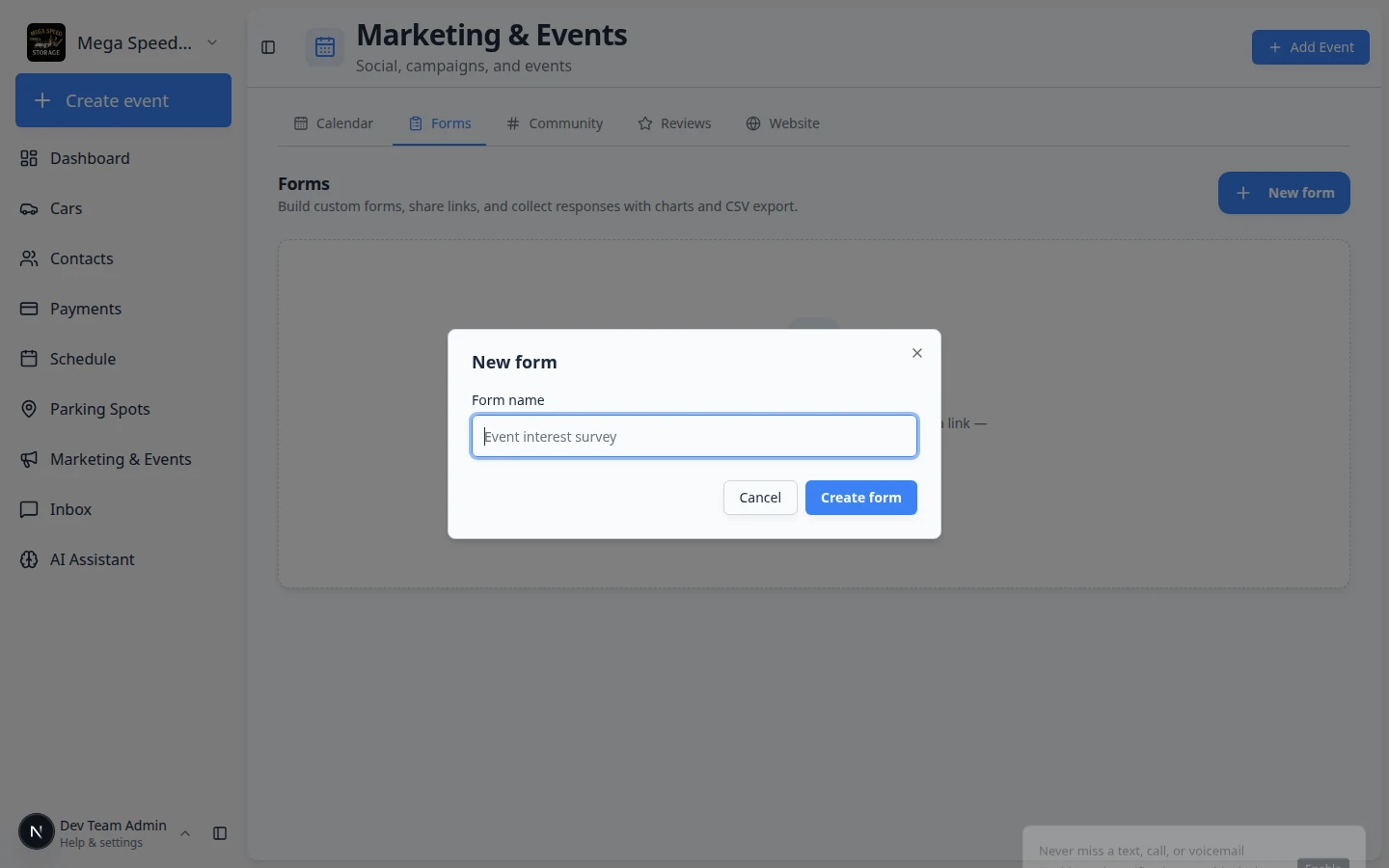 New form dialog with Form name field filled in and Create form button