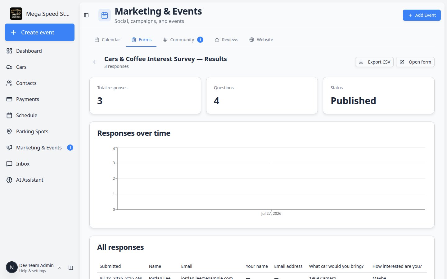 Form results page showing response count, charts for choice questions, and a table of individual submissions