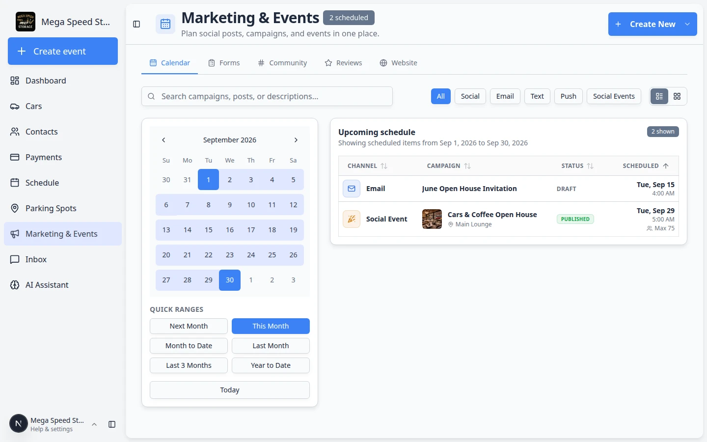 Marketing and Events calendar showing upcoming email campaign and social event on the schedule