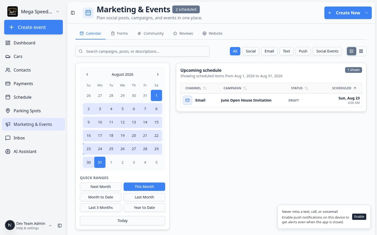Marketing calendar showing Quick ranges buttons This week, This month, and Next month on the left side of the calendar