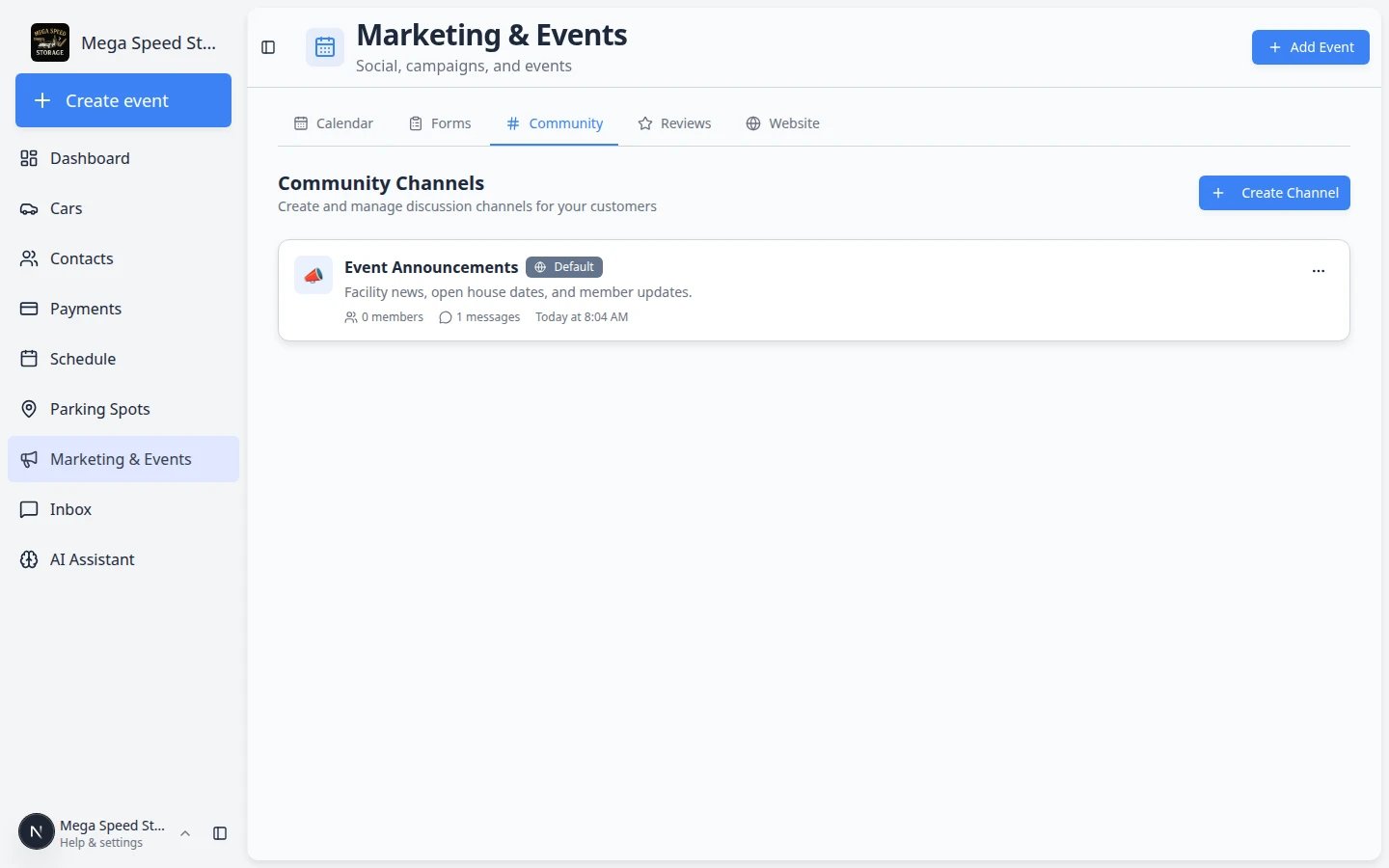 Community Channels page listing channels with member counts and a Create Channel button