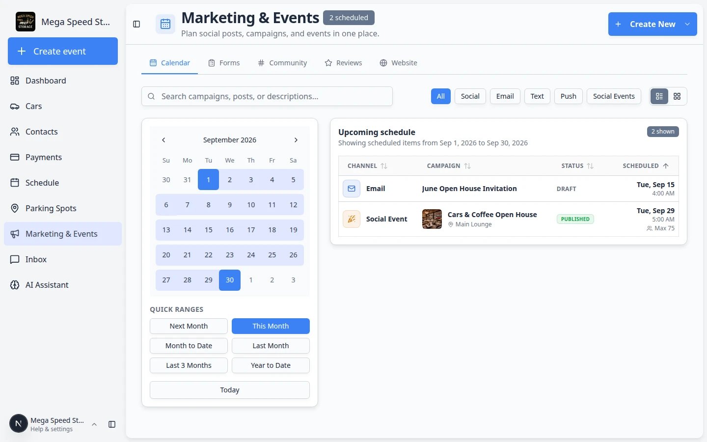 Create New menu showing options to start an email campaign, text message, social post, or in-person event