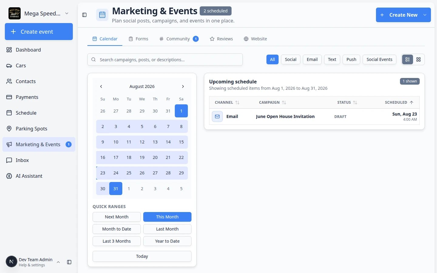 Create New menu showing Social Media Post, Email Campaign, SMS Message, Push Notification, and Social Event