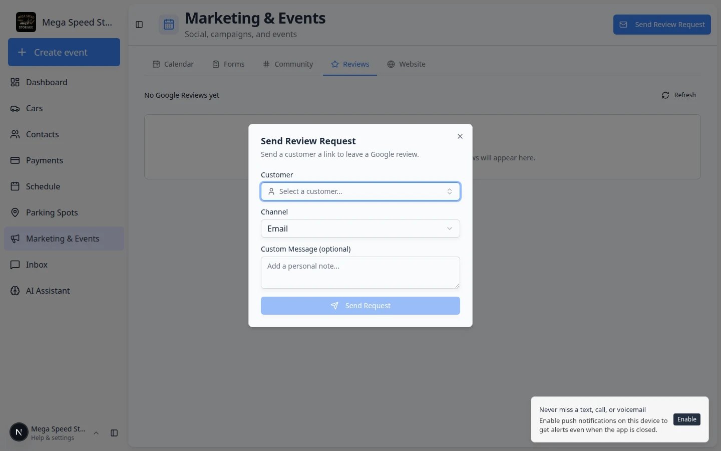 Send Review Request dialog with Customer, Channel, Custom Message, and Send Request fields