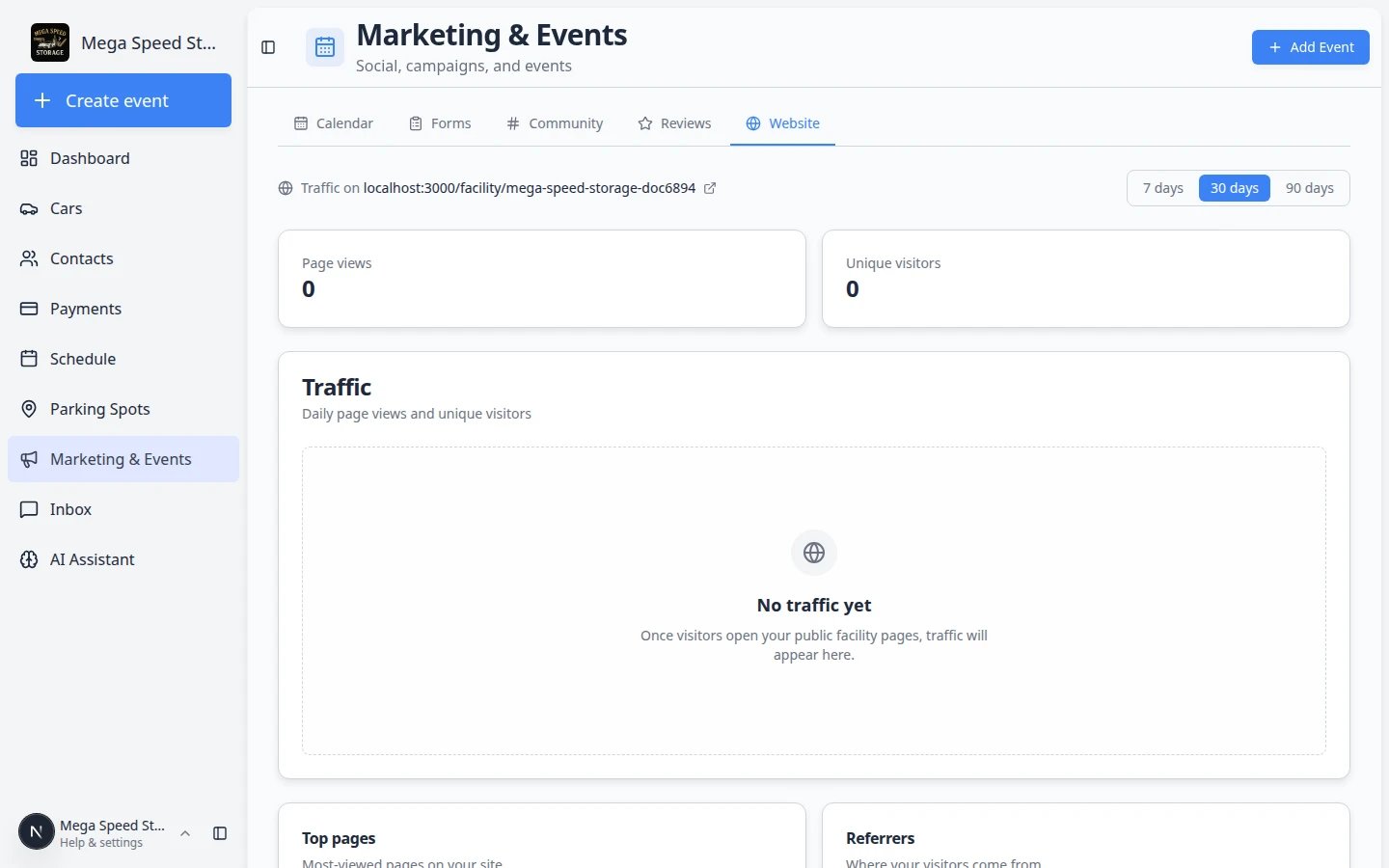 Marketing and Events page showing five tabs across the top: Calendar, Forms, Community, Reviews, and Website