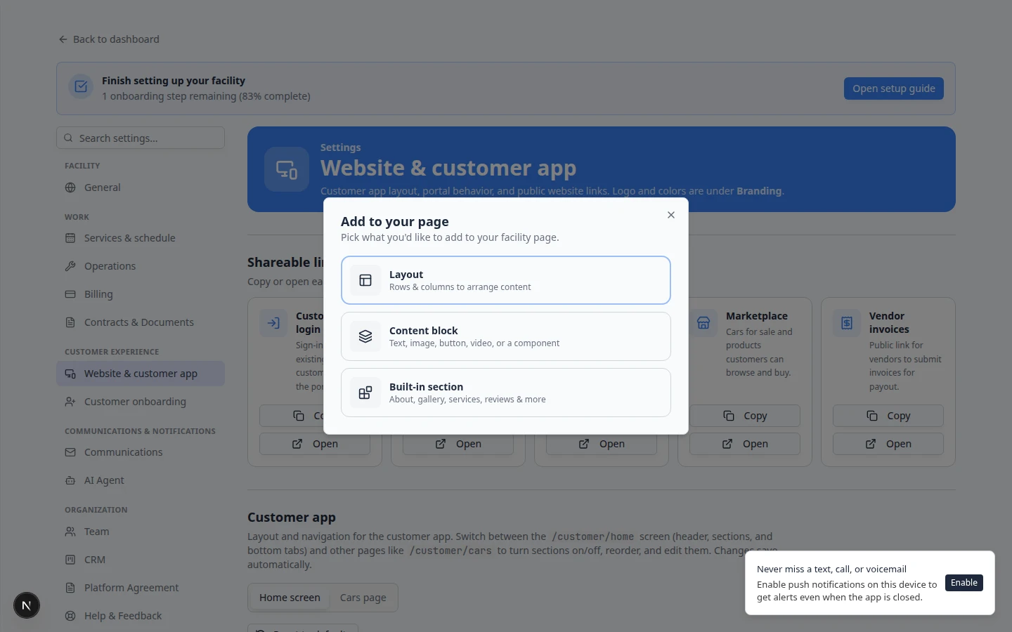 Page editor Add section menu listing built-in section types including Custom form