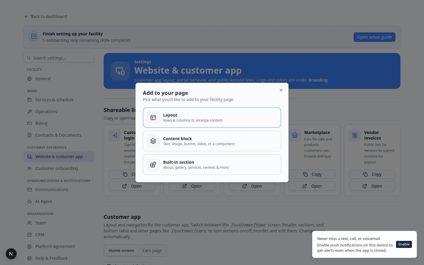 Page editor Add section menu listing built-in section types including Custom form