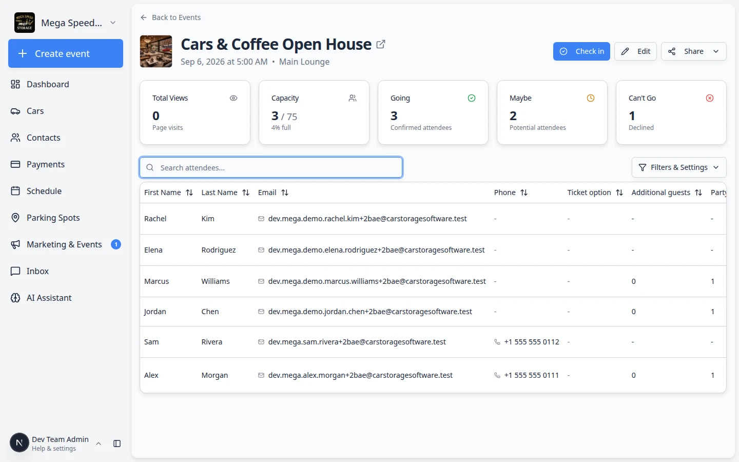 Social event attendee table with Search attendees field and guest rows