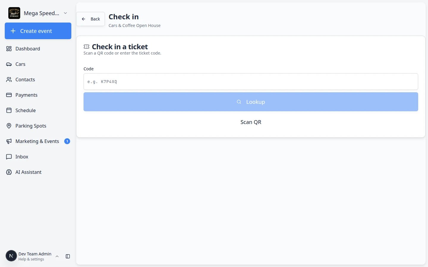Manual ticket code entry on the check-in page showing a Code field and Lookup button